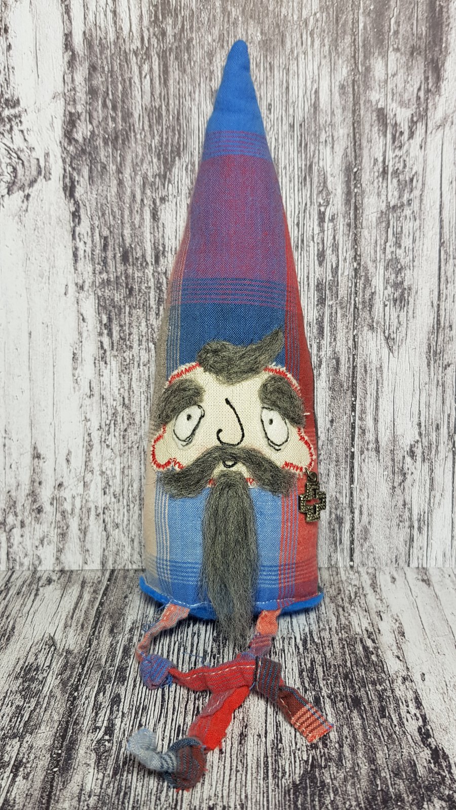 Nautical Gnome, Davey with Upcycled Fabric & Grey Moustache