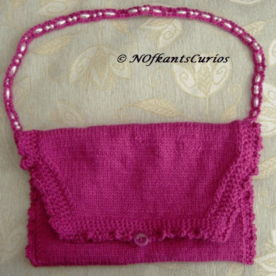 Fuchsia Frill! Hand Knitted & Crocheted Handbag with Bead strap