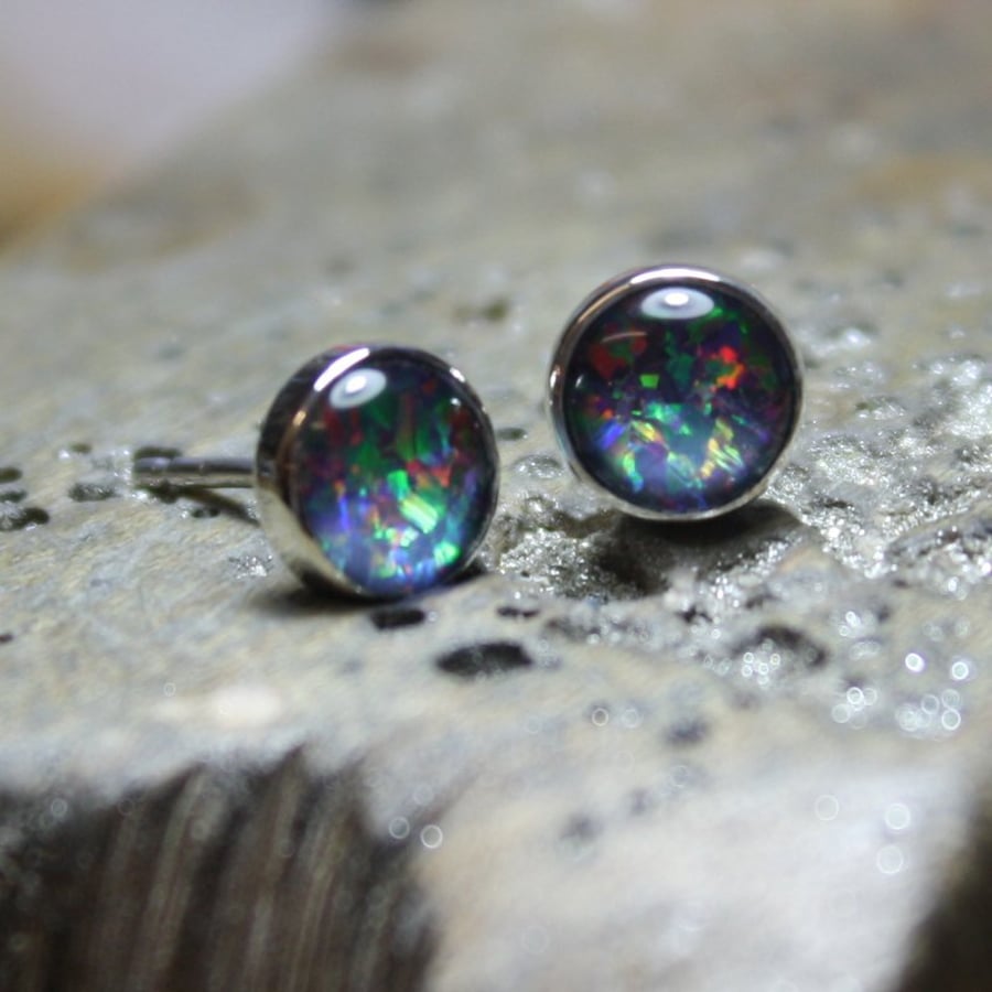 Opal stud earrings sterling silver, gemstone studs