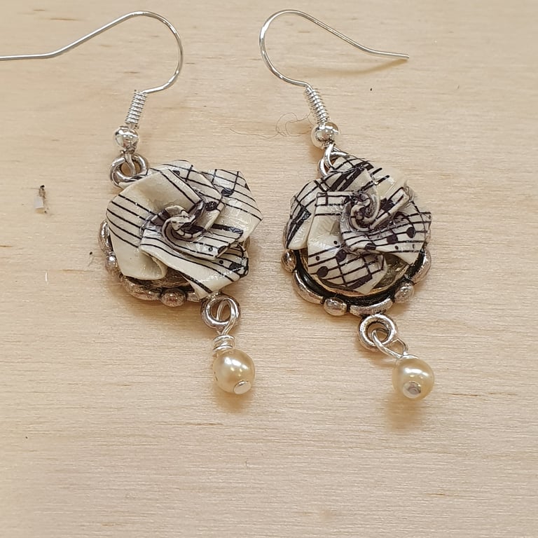 Vintage sheet music paper and faux pearl earrings for musicians, recycled 