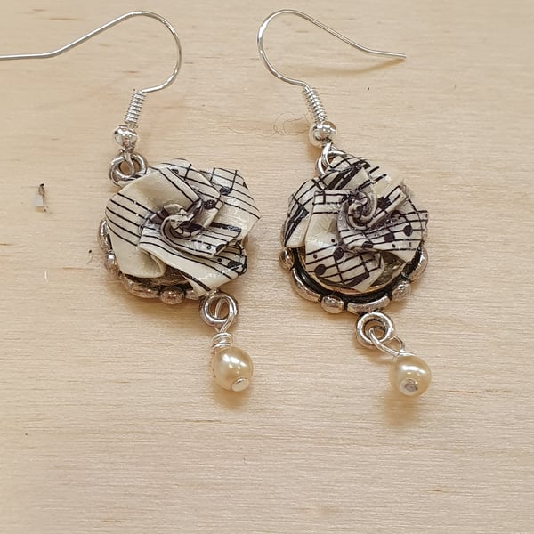 Vintage sheet music paper and faux pearl earrings for musicians, recycled 