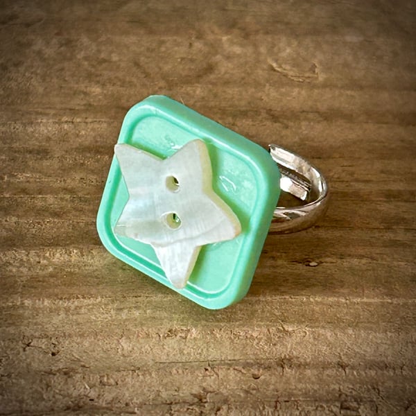 Hand Made Silver Plated Mother of Pearl Button Stack Ring - Adjustable 