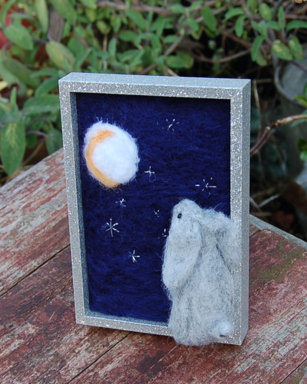  Moon gazing hare - nursery picture - needle felt, wool decoration - 