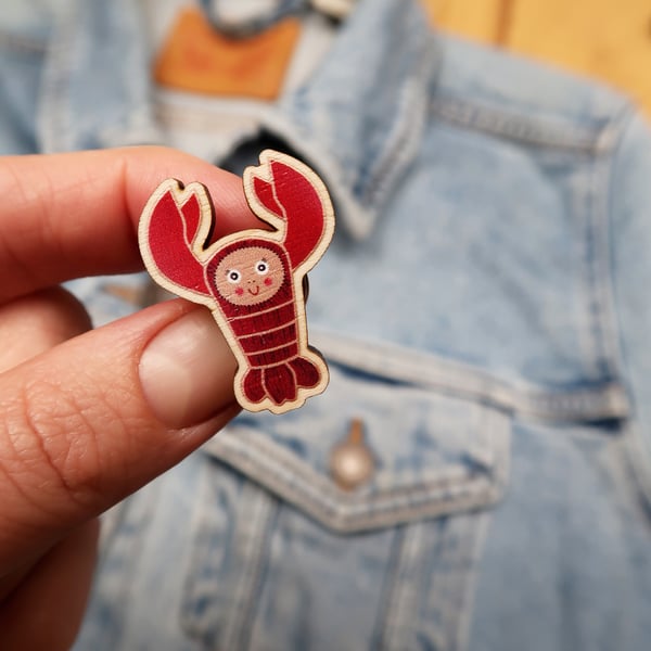 Red lobster wooden pin badge, lobster brooch.