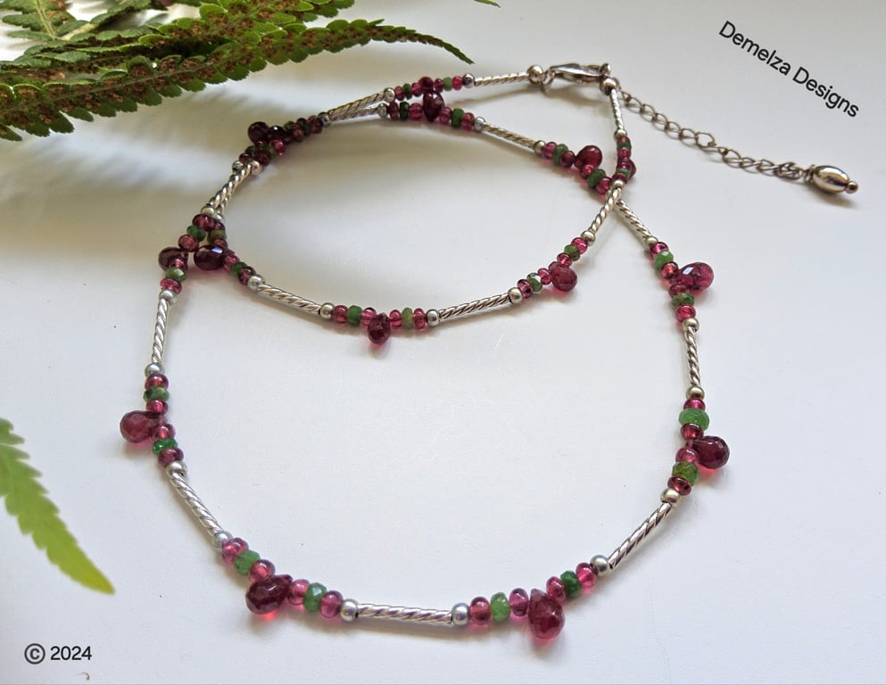 Designer Tsaverite Garnet, African Ruby & Red Spinel Sterling Silver Necklace