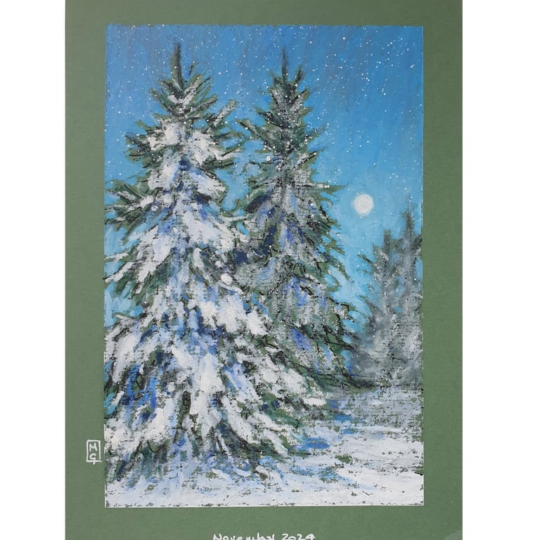 Winter Snow Trees original oil pastel painting - small wall art