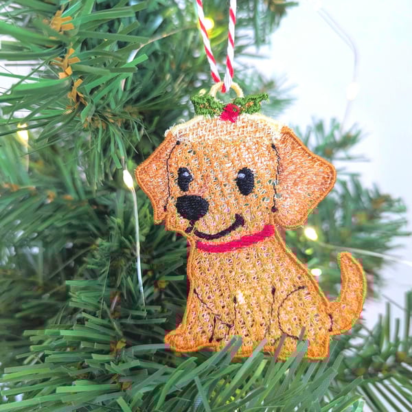 Embroidered hanging Labrador Christmas decorations, machine embroidery
