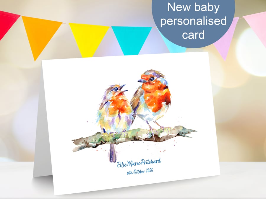 New baby personalised robin card - any name and date