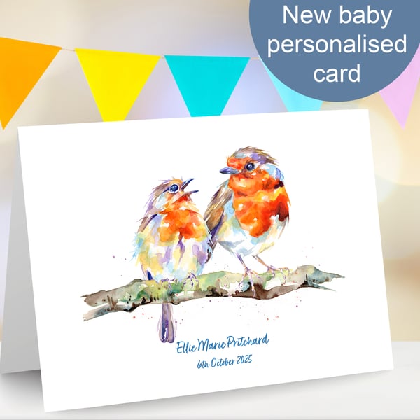 New baby personalised robin card - any name and date
