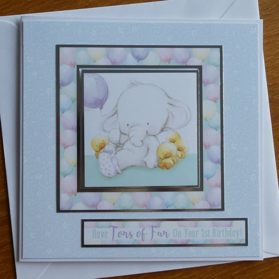 First Birthday Card - Elephant with Chicks and Balloons