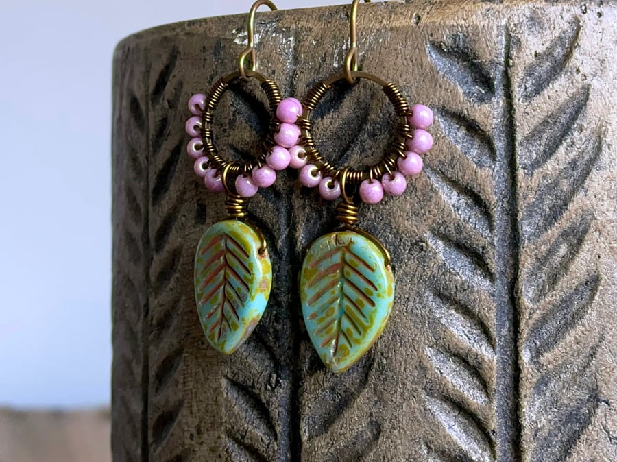 Earthy Turquoise Green Leaf Earrings - Wire Wrapped Czech Glass Hoops