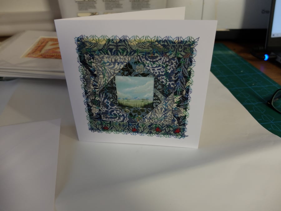 hand made embroidered card, collectable game card artwork framed by quilt block