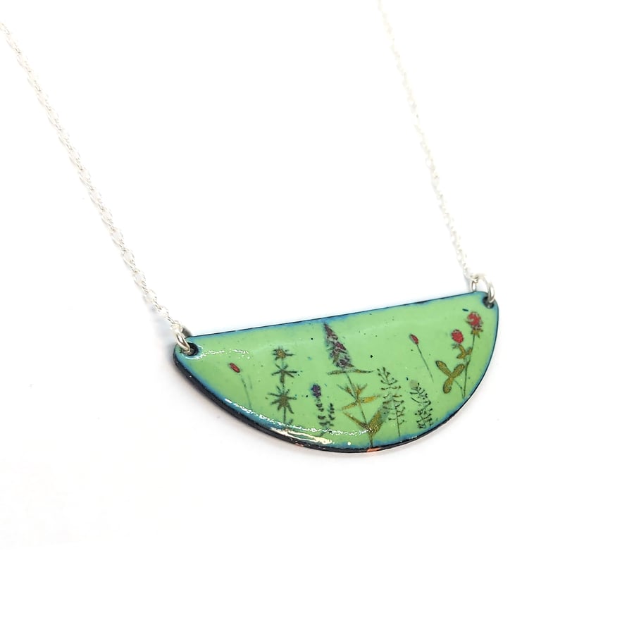 Light green enamel Wild Flowers half-moon necklace