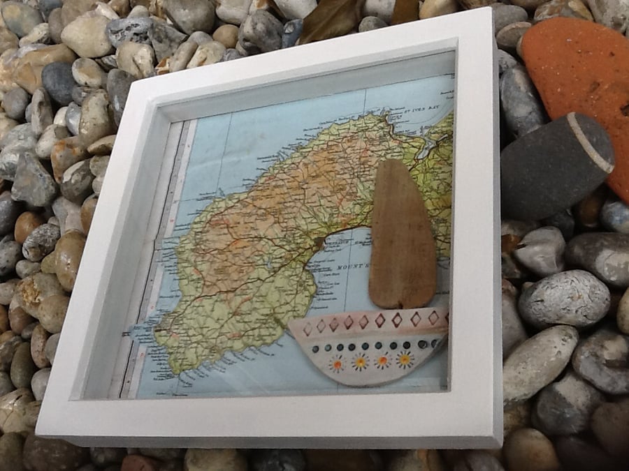 Wall Art New Home ceramic boat, driftwood & vintage map of Cornwall, St Ives