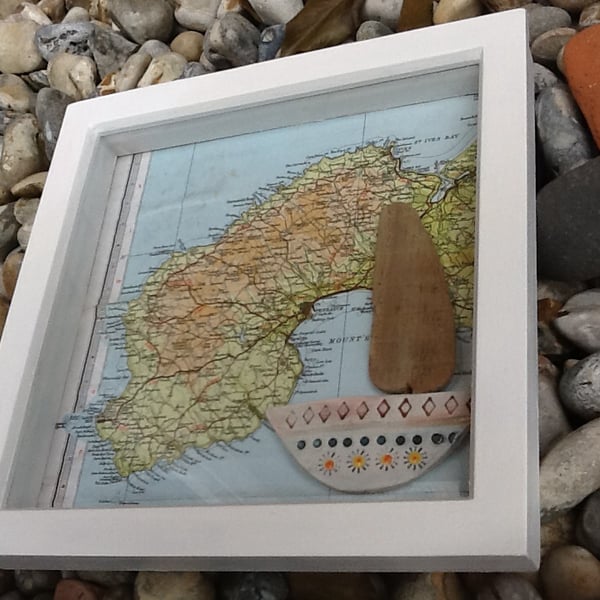 Wall Art New Home ceramic boat, driftwood & vintage map of Cornwall, St Ives