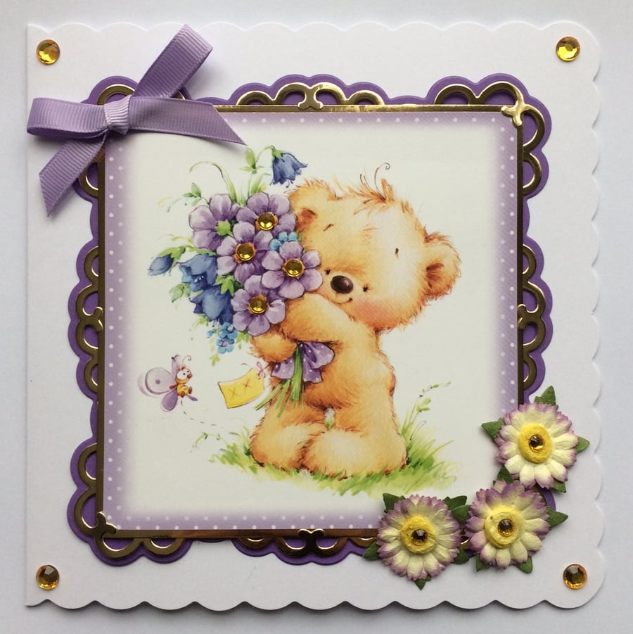 Teddy Bear Card with Bouquet of Purple Flowers Any Occasion 3D Luxury Handmade