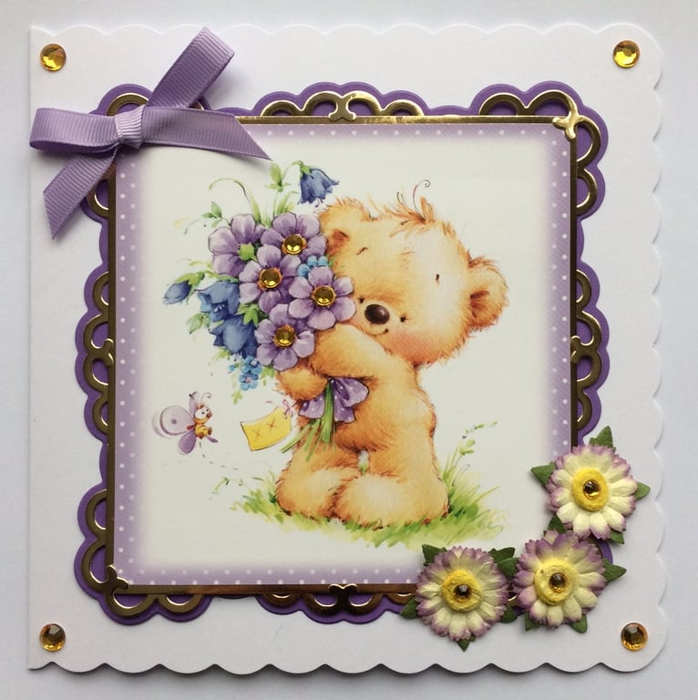 Teddy Bear Card with Bouquet of Purple Flowers Any Occasion 3D Luxury Handmade