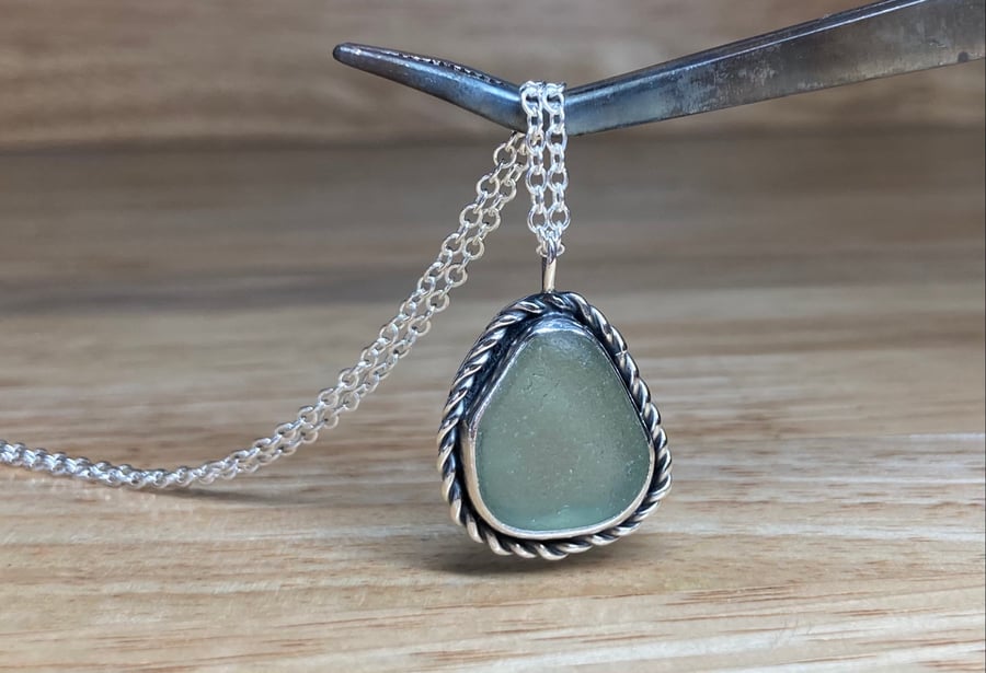 Handmade pale sage green welsh sea glass & silver pendant & silver chain