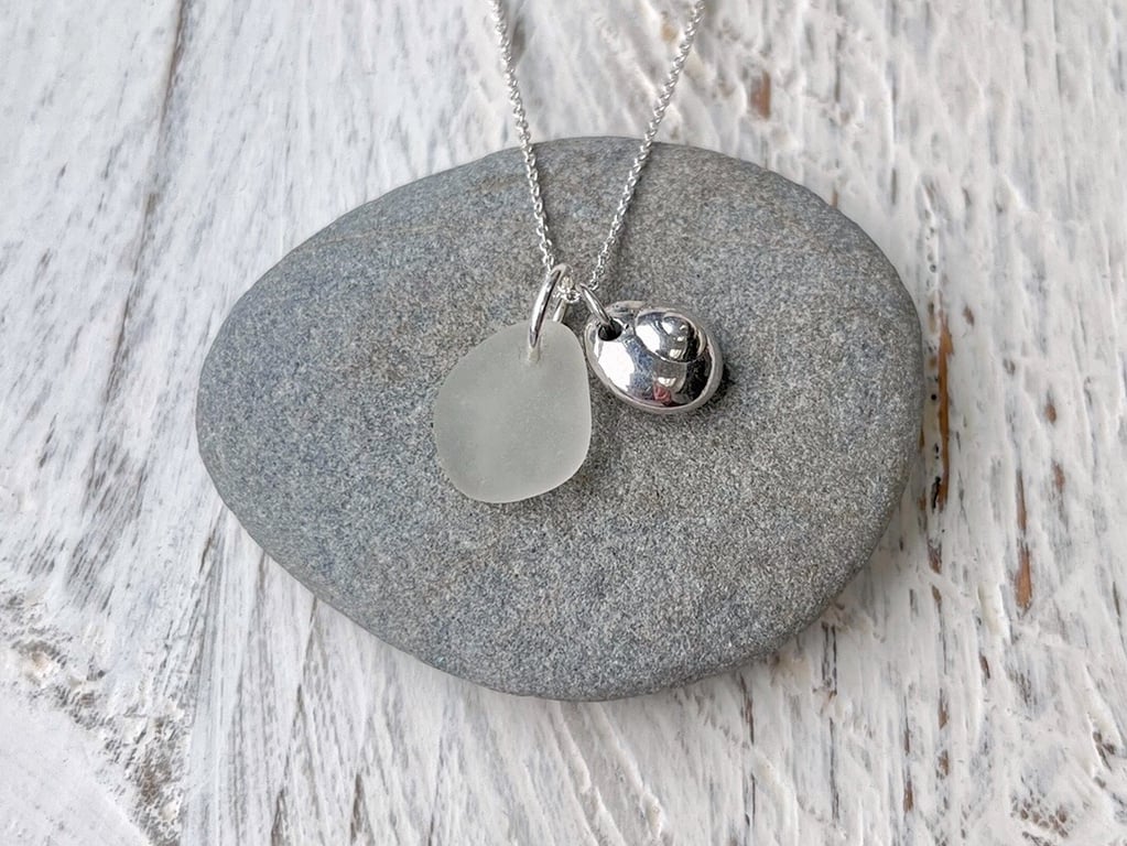 Cornish Sea Glass and Silver Coated Button Top Seashell Necklace - White