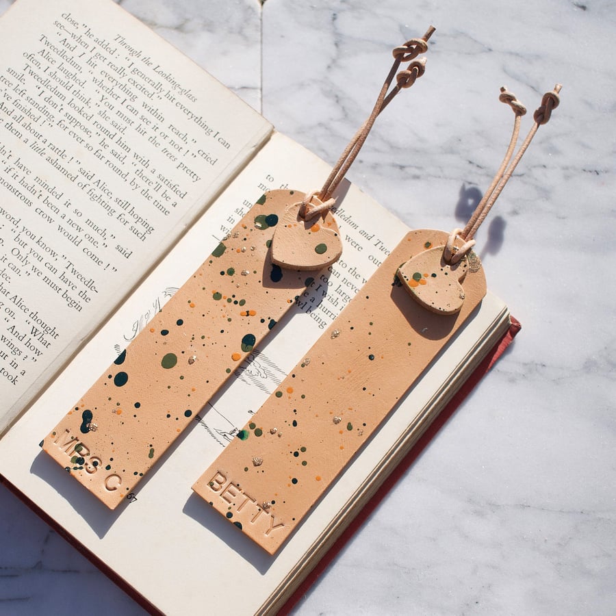Italian Leather Bookmark With Splash Design And Heart