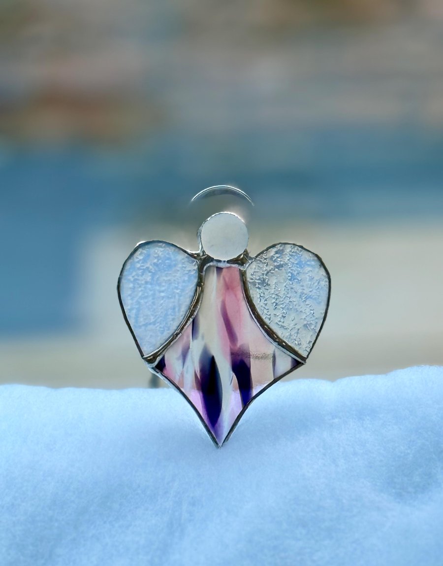 Stained Glass Heart Angel - purple, pink and white body and clear wings