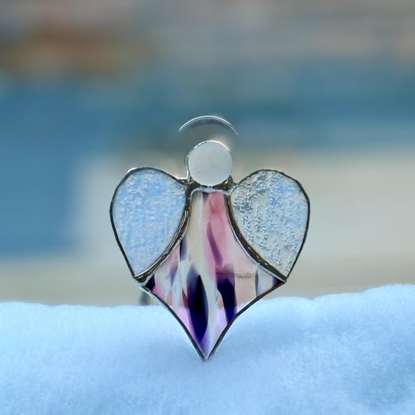 Stained Glass Heart Angel - purple, pink and white body and clear wings