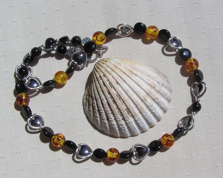 Black Onyx, Faux Amber & Hematite Heart Gemstone Beaded Statement Necklace, 