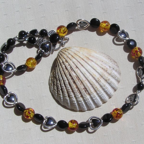 Black Onyx, Faux Amber & Hematite Heart Gemstone Beaded Statement Necklace, 