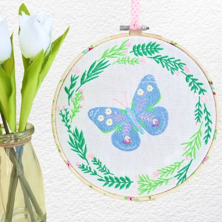 Blue Butterfly Embroidery Hooped Decoration 20cm (8") ready to hang