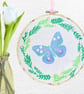 Blue Butterfly Embroidery Hooped Decoration 20cm (8") ready to hang