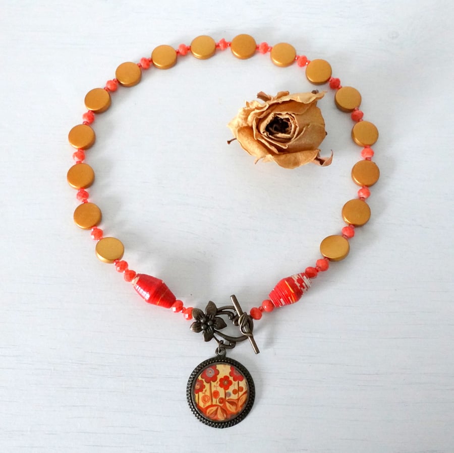 Orange and Gold Necklace with Flower Art Print Pendant, Golden Floral Jewellery 