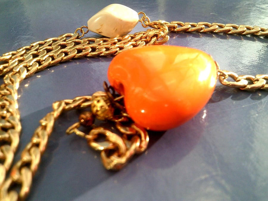 Orange Heart & Chain Necklace, Gold Chain Heart Necklace