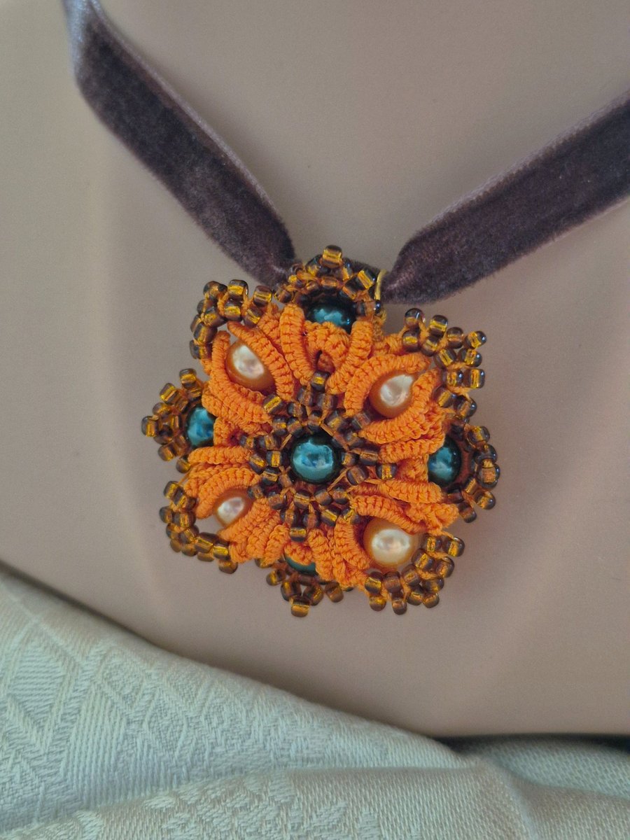 Image of Orange Lace Pendant Necklace – Handmade Tatted Jewellery with Pearls