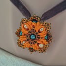 Orange Lace Pendant Necklace – Handmade Tatted Jewellery with Pearls