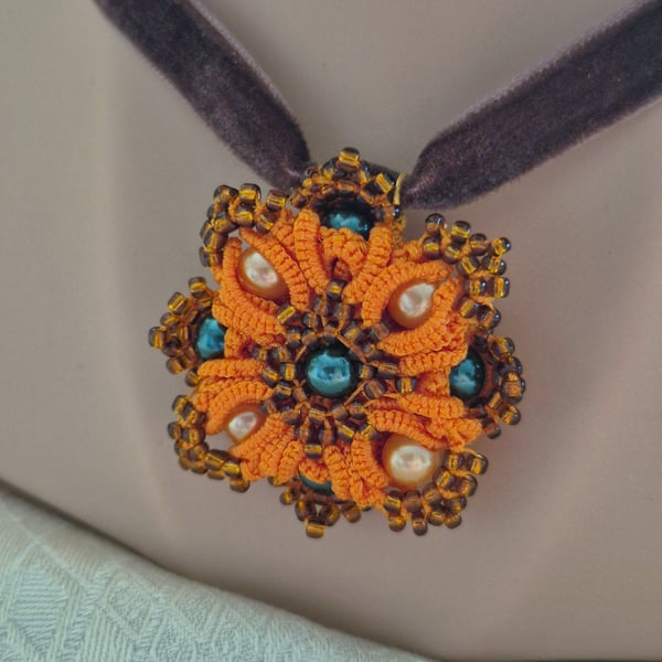 Orange Lace Pendant Necklace – Handmade Tatted Jewellery with Pearls