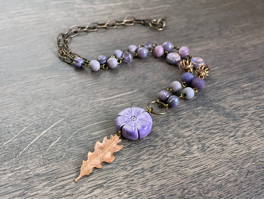Rustic Copper Leaf Necklace. Purple Beaded Necklace. Mixed Media Necklace