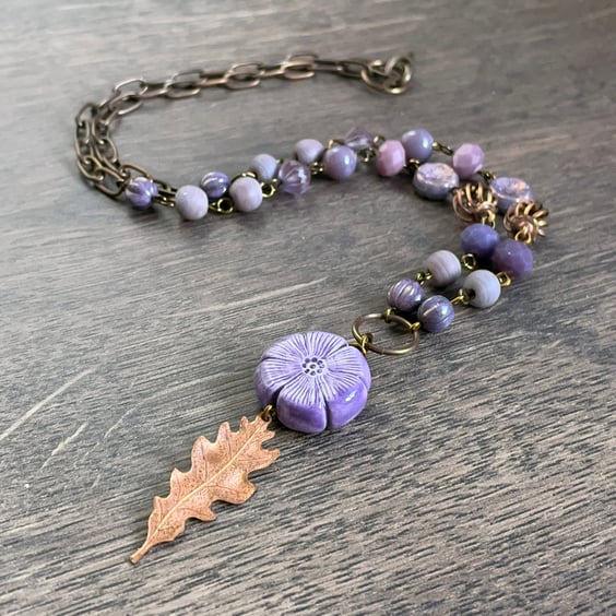 Rustic Copper Leaf Necklace. Purple Beaded Necklace. Mixed Media Necklace