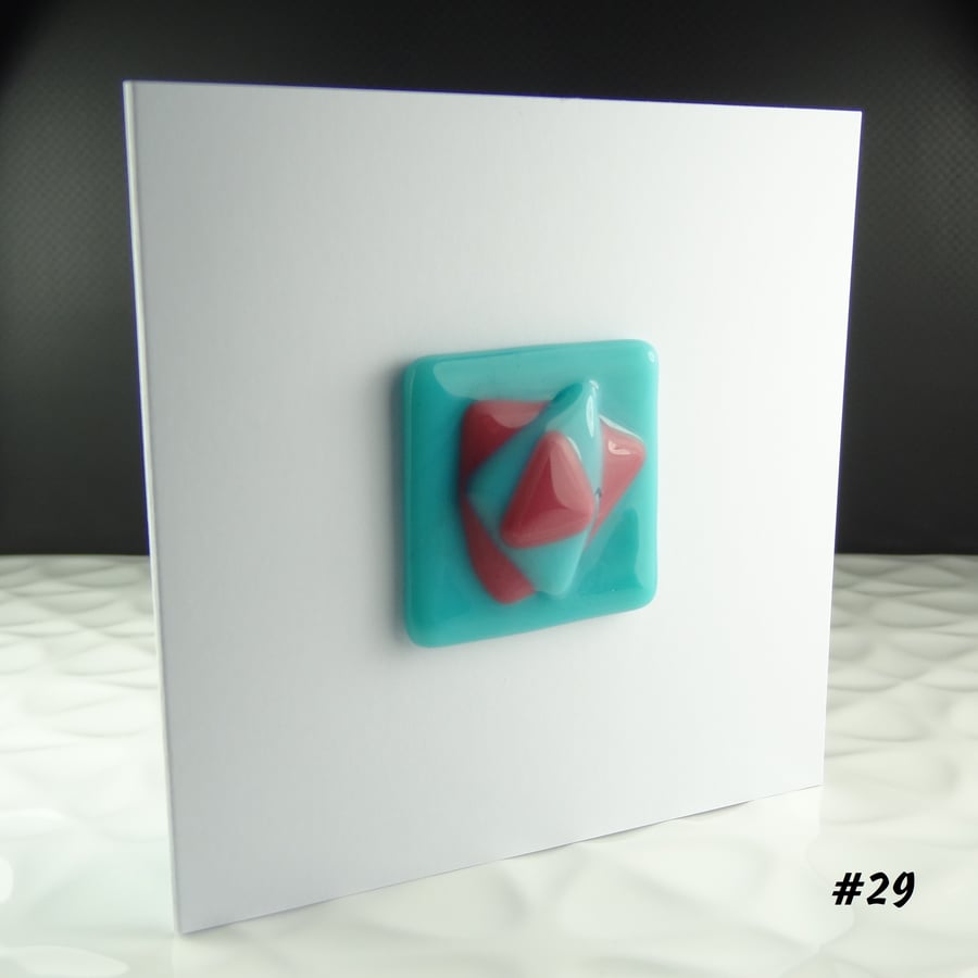 Blue and pink abstract handcrafted fused glass greeting card, blank inside (29)