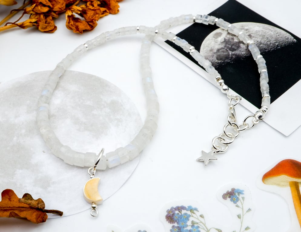 Moonstone Necklace - Sterling Silver Blue Moonstone Beaded Celestial Necklace 
