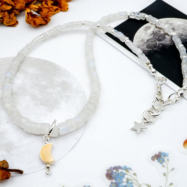 Moonstone Necklace - Sterling Silver Blue Moonstone Beaded Celestial Necklace 