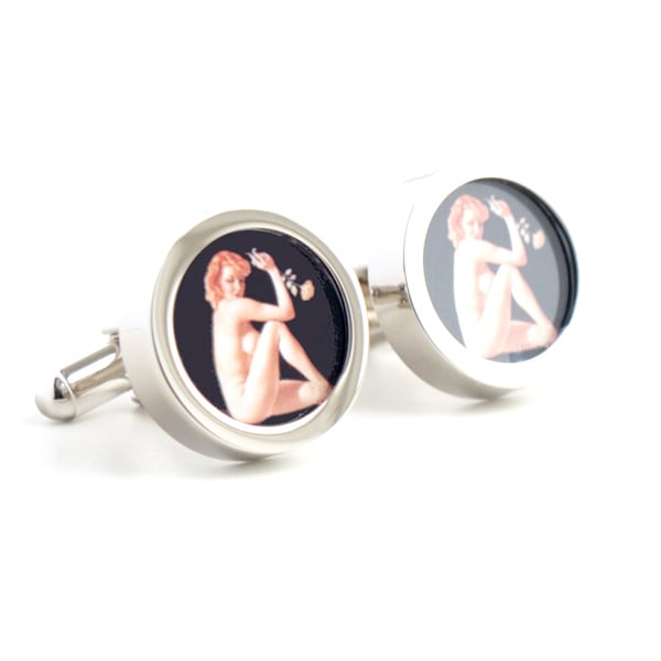 Nude Pinup Cufflinks of a Strawberry Blonde Holding a Rose