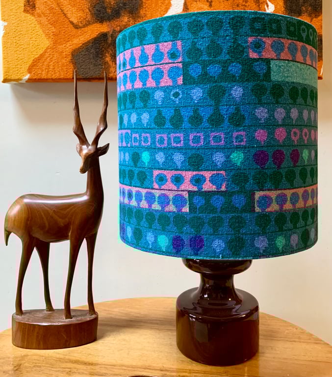 Retro Lampshade in Blue Turquoise Pink Barkcloth Heals Cherry Orchard Vintage f