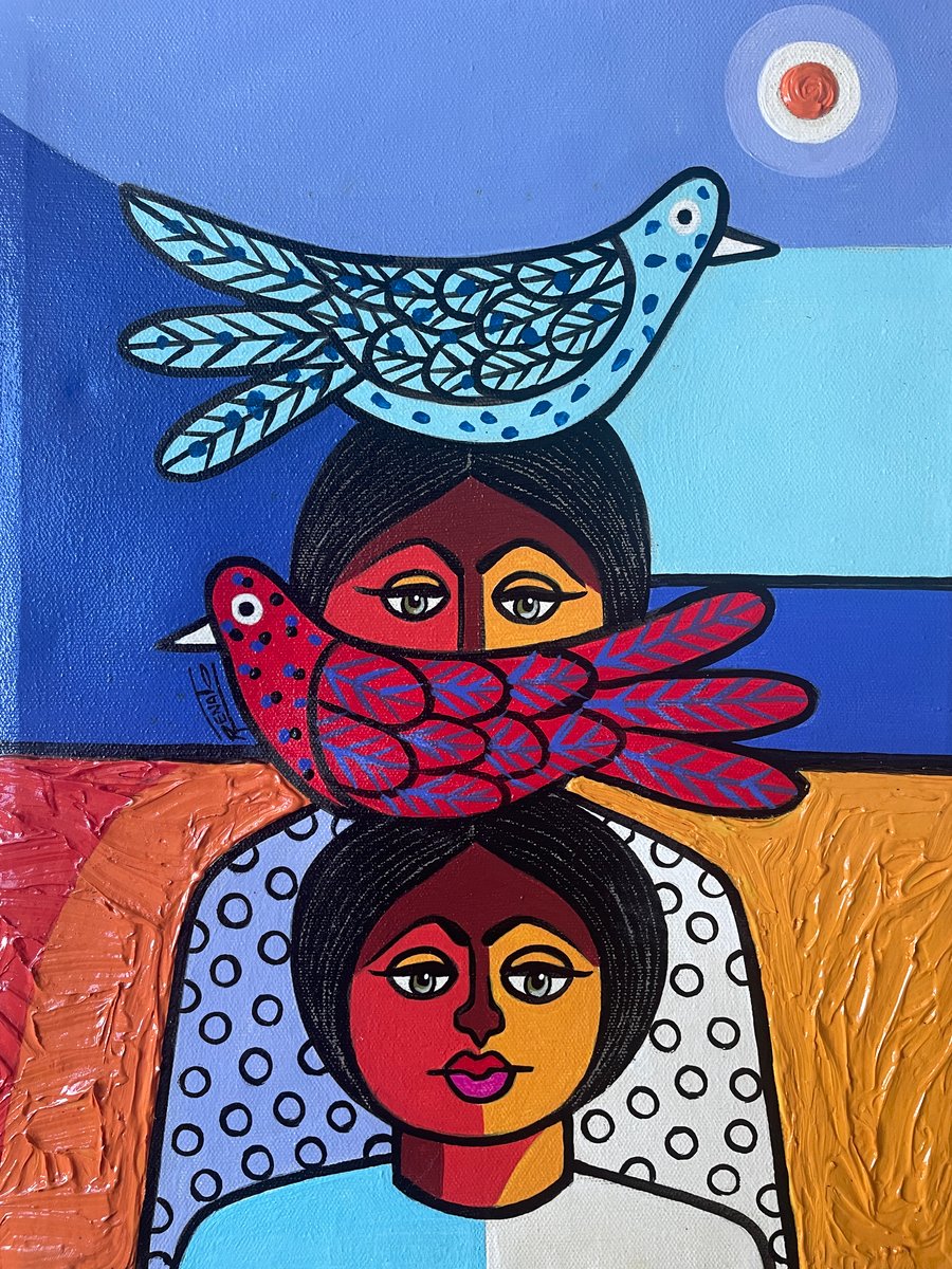 Niñas con Palomas Original Painting on Canvas, Abstract Surreal Art