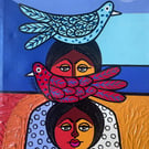 Niñas con Palomas Original Painting on Canvas, Abstract Surreal Art