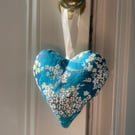 Teal & Blossom Fabric Hanging Heart decoration