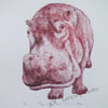 Plum Hippo Limited Edition Collagraph Print
