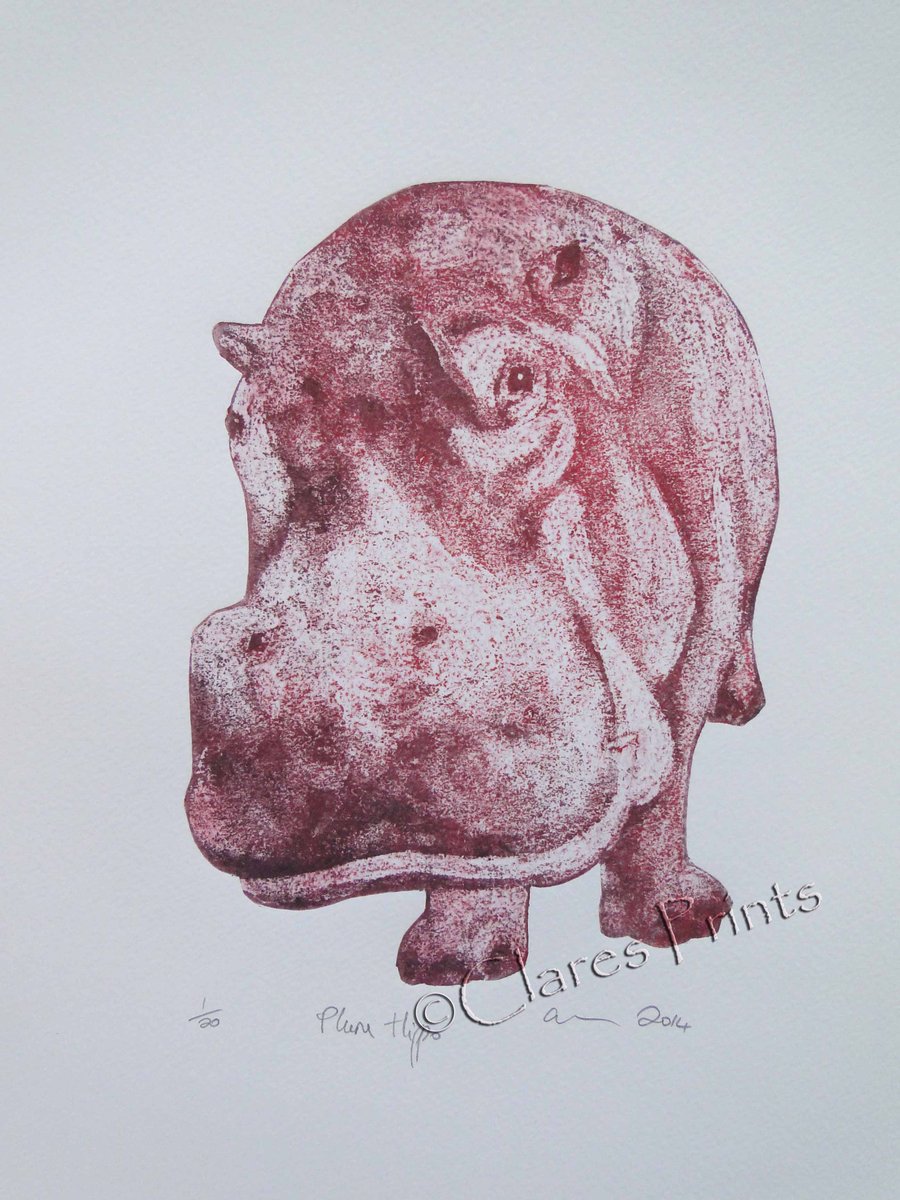 Plum Hippo Limited Edition Collagraph Print