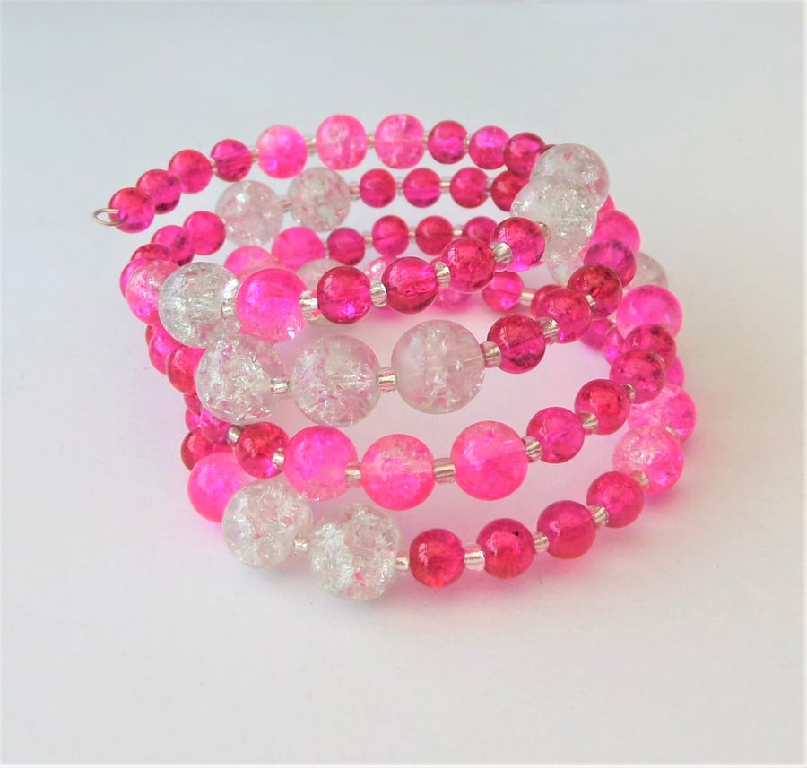 Pink and clear memory wire wrap bracelet.
