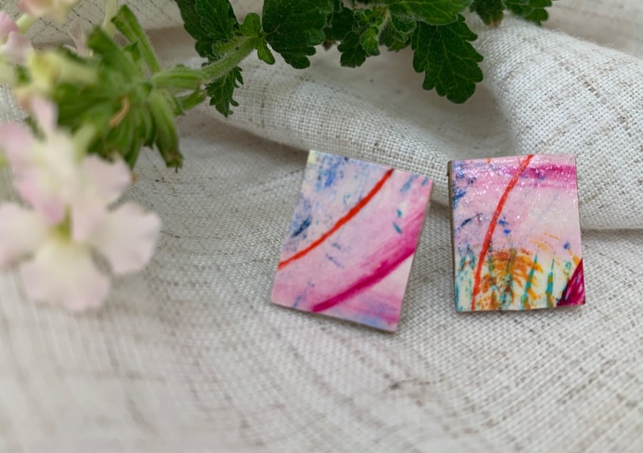 Pink Rainbow , Stainless Steel Post Earrings.