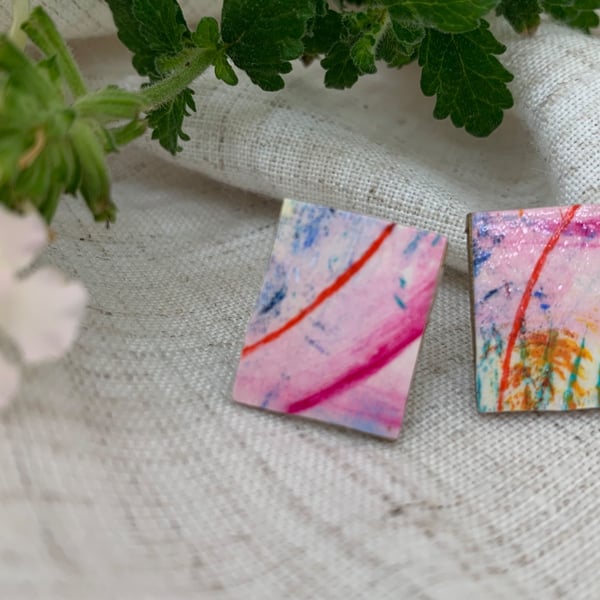 Pink Rainbow , Stainless Steel Post Earrings.
